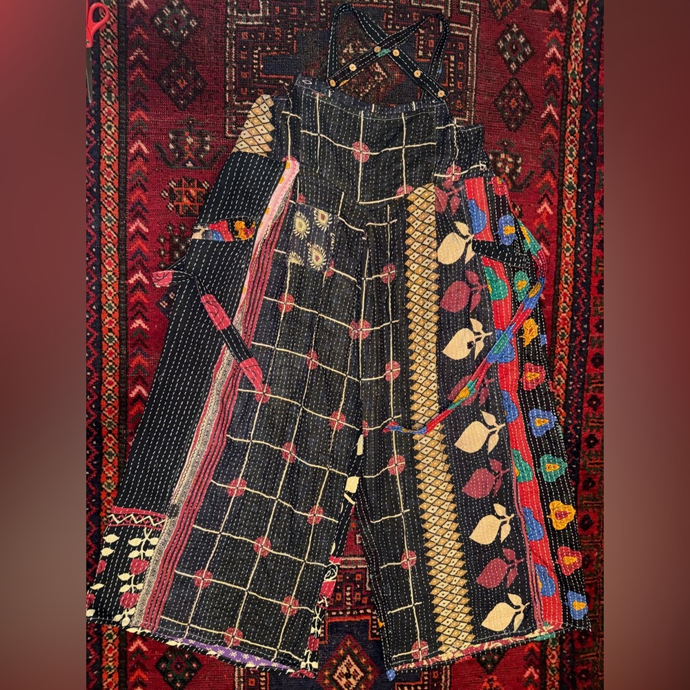 Kantha Bae Crossroad Kantha Overalls Free Size Black Geometric Roses Leaves NWT